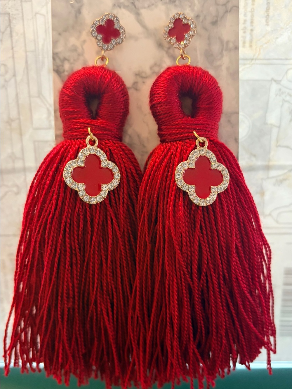 Red Tassel Earrings with Four-Leaf Motif - Women Jewelry